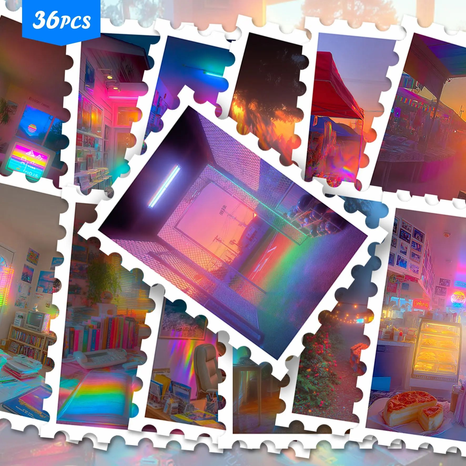 36 Pcs Rainbow Neon Gradient Retro Indoor Room Vinyl Stickers Pack | Vintage Colorful Store Living Room Window Sunset Border Art Decals | For Laptop, Water Bottle, Notebook, Luggage & Gift Decor | For Y2K Retro & Scrapbook Hobby Collectors
