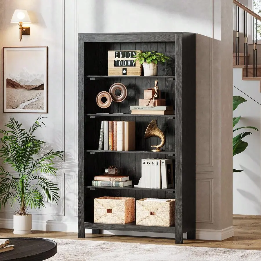 70.87" Tall Bookcase With 5-Tier Shelves, Solid Wood Large Bookshelf Heavy Duty Floor Standing 5 Shelf Display Storage Shelves Home Office, Living Room, Library (Black)