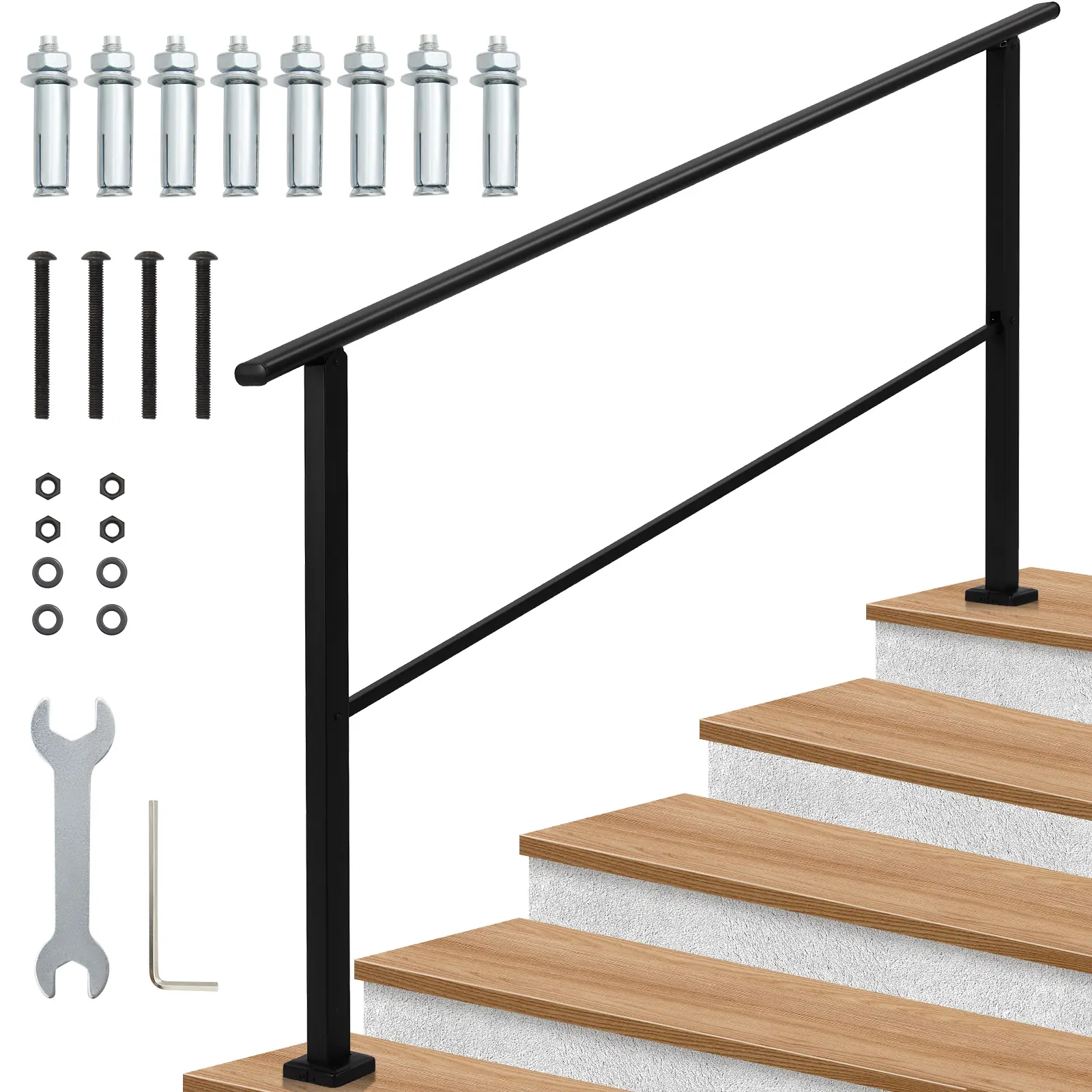 Heavy-Duty Safety Handrail for 3/4/5 Steps, Adjustable Metal Railing with Non-Slip Grip, Rust-Proof for Deck, Yard & Stairs, Black