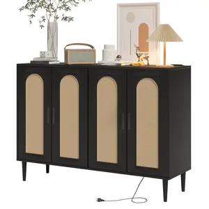 Boho Rattan Sideboard Buffet Cabinet with Power Outlet – 4-Door Wooden Storage Console Table – Adjustable Shelves – Perfect for Entryway, Hallway, Dining Room, Living Room, Coffee Bar