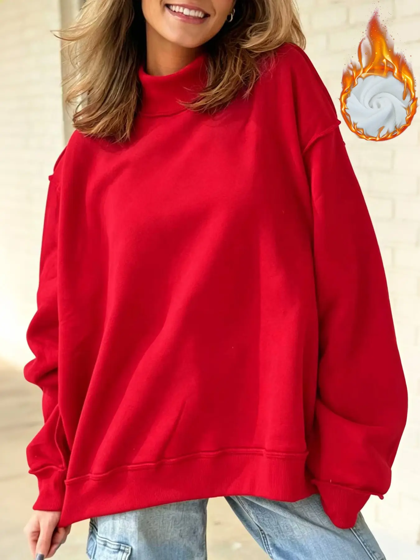 Women's Fleece Sweatshirt, Loose Fit, Ribbed High Neck, Thick Warm Sweatshirt, Soft Comfortable Casual Top, Fall & Winter