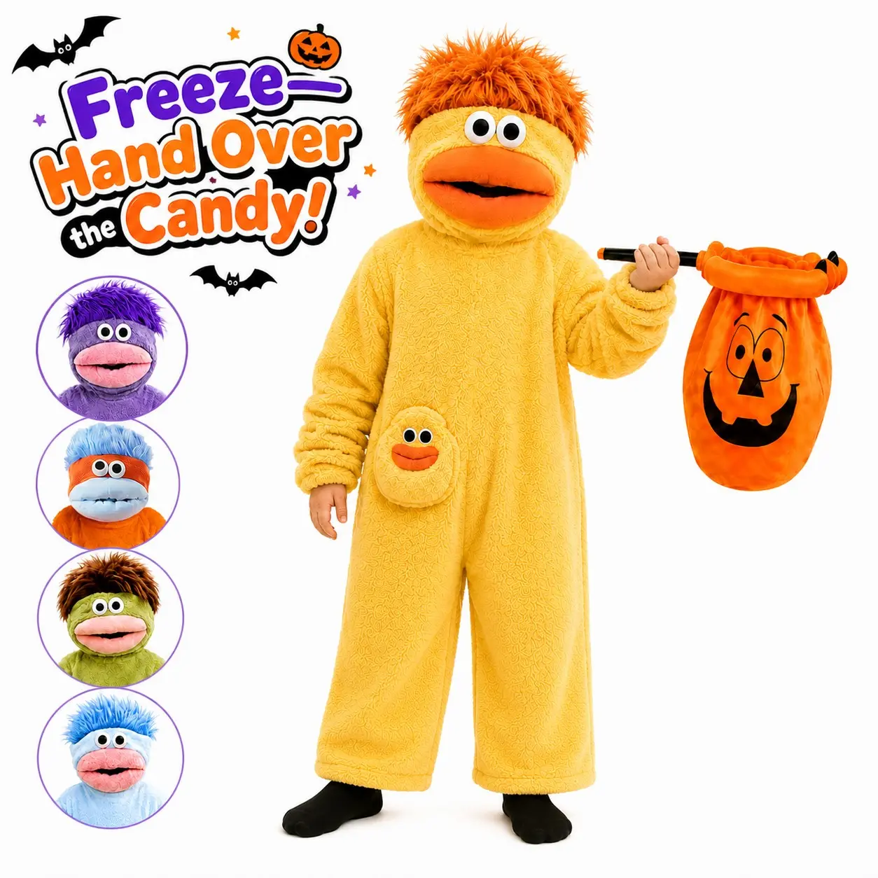 Kids Monster Plush Wearable Blanket Hooded Onesie Set, Pumpkin Candy Bag, 5 Colors, Halloween Party Costume for Boys Girls
