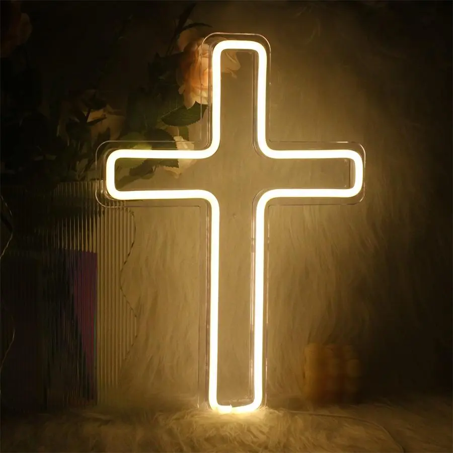 Jesus Cross Neon Sign, Warm White LED Neon Wall Light, USB Crucifix Neon Sign for Bedroom Kids Room Wedding Birthday Party, Indoor Wall Light
