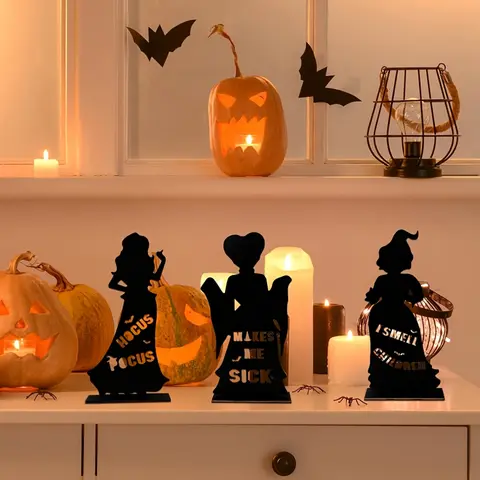3-Pack Black Witch Silhouette Wooden Tabletop Signs, Freestanding Halloween Decor for Tiered Trays, Mantels, Desks, and Farmhouse Displays