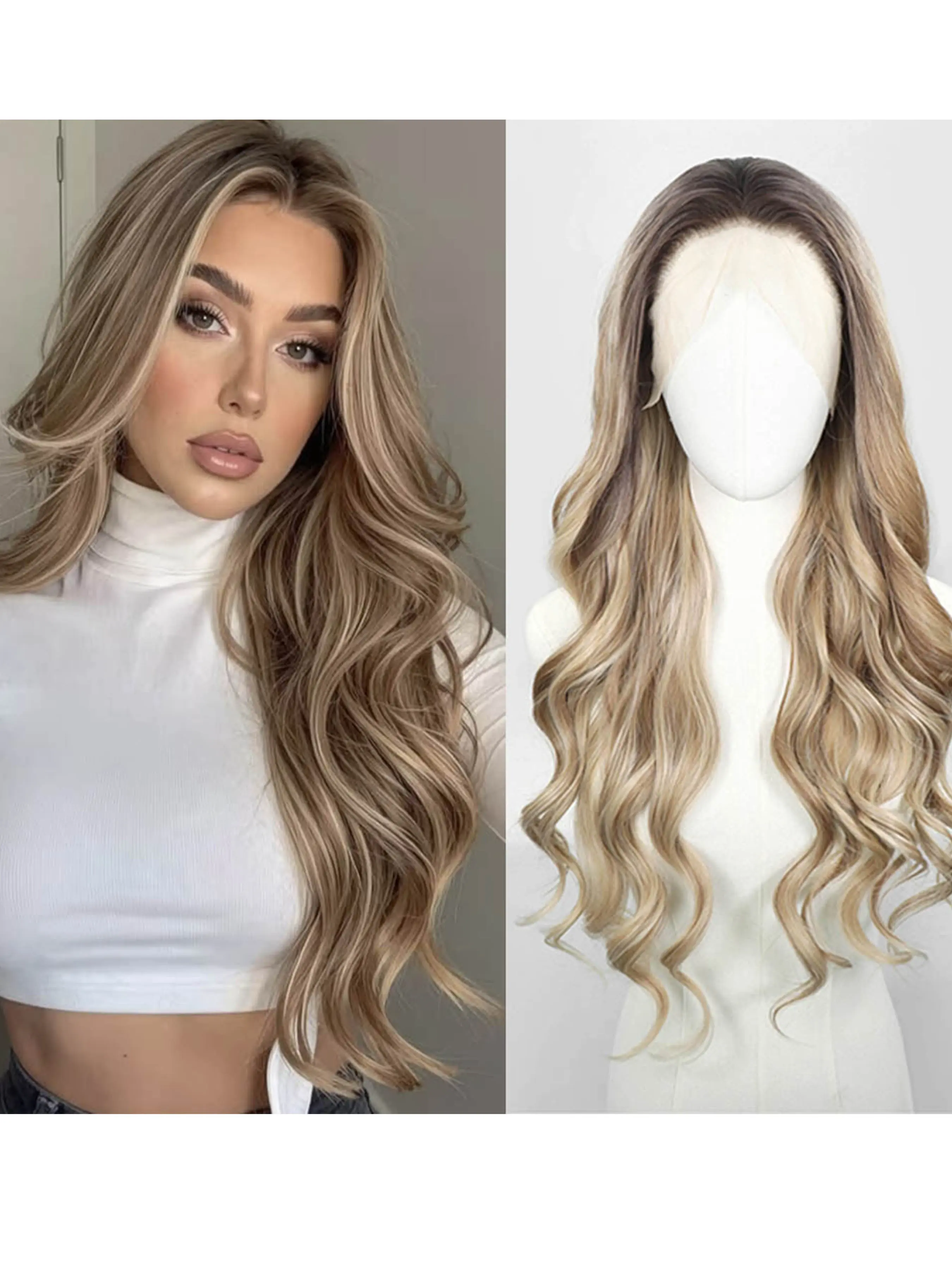 Long Wave Women Synthetic Wig, Synthetic Wavy Wig, Lace Front Heat Resistant Fiber Wig, Pre Plucked Hairline Wig for Women, Ash Blonde Balayage Blonde 26inch 13×3 Size