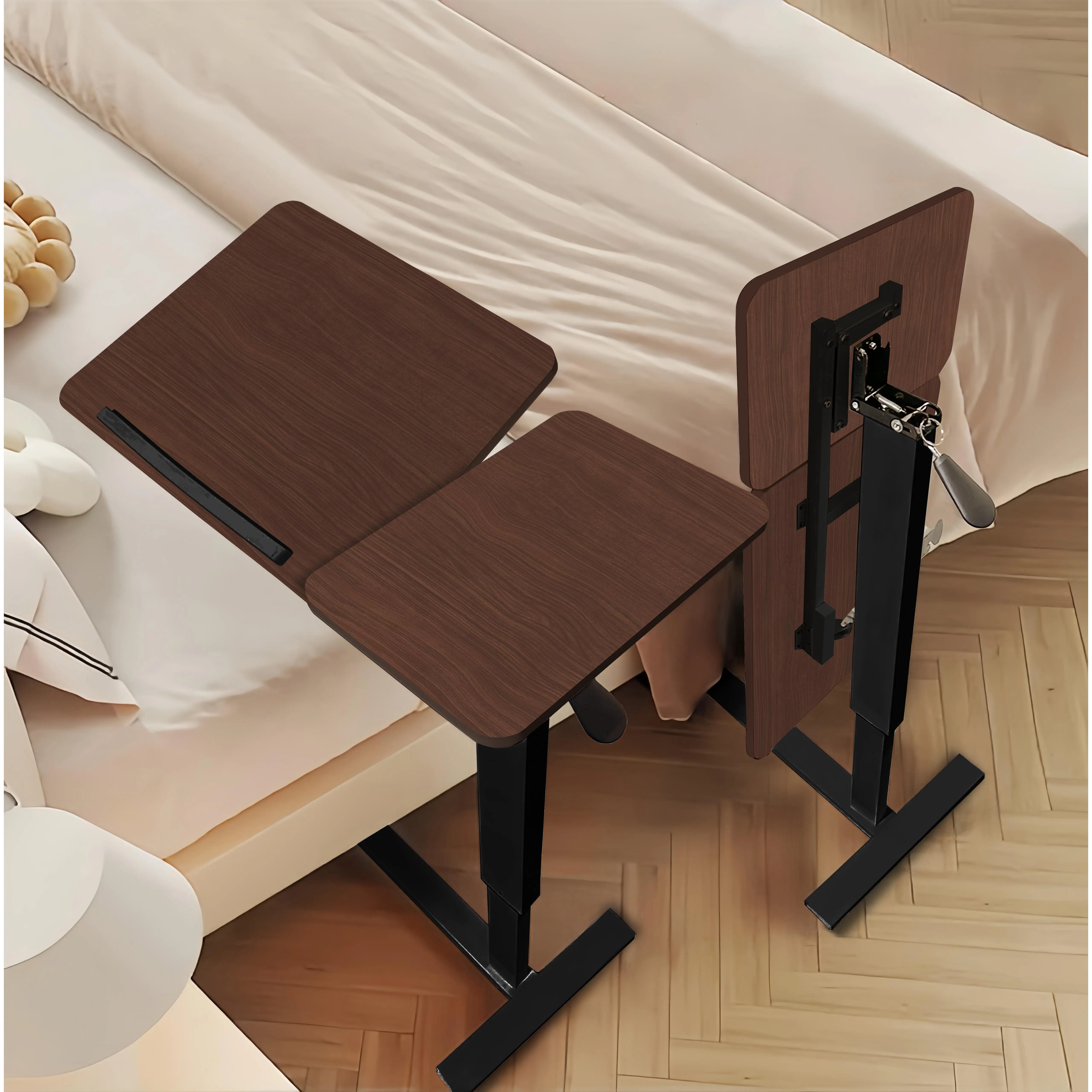 ARCH Folding Overbed Bedside Table with Wheels, Mobile Rolling Laptop Stand Tilting Tray Table Height Adjustable for Bed Sofa Side Table, Walnut Finish, Portable Desk for Laptop Work Reading Eating in Bedroom Living Room, Bedroom Bedside Table
