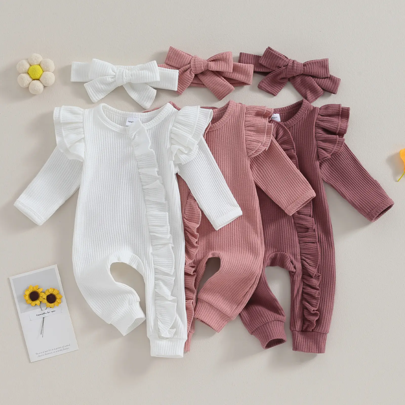 Meihuida Newborn Infant Baby Girl Autumn Jumpsuit Solid Color Long Sleeve Ruffle Zipper Romper with Headband Set