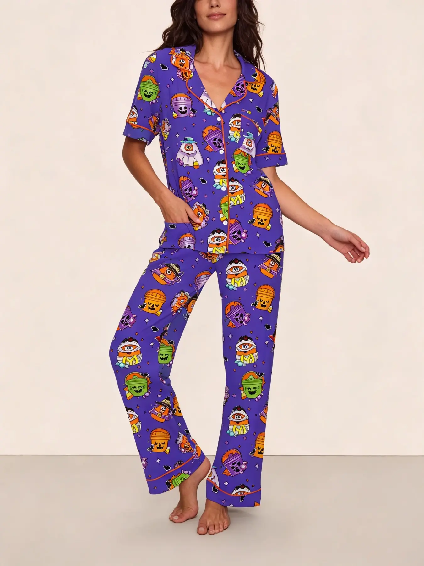 Women's Halloween Pajama Set, Cartoon Print, Short Sleeve Open Front Top, Long Pants, Fun Holiday Home Sleepwear