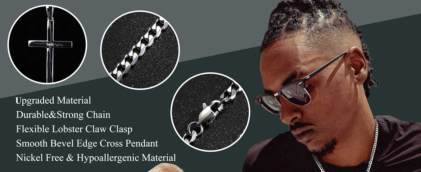 Trendy 925 Sterling Silver Cross Necklace for Men Women Durable Non Tarnish Beveled Edge Crucifix Pendant Cuban Link Chain Jewelry 16-30 Inches Valentine's Day