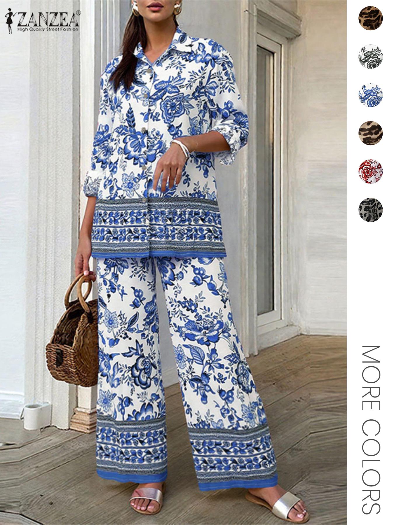 Two-piece Set Women's Leopard Print Button Front Shirt & Elastic Waist Wide Leg Pants, Casual Long Sleeve Pocket Collared Top & Tie Front Trousers for Daily Wear, Ladies Fall & Winter Clothes, Flared Pants Set