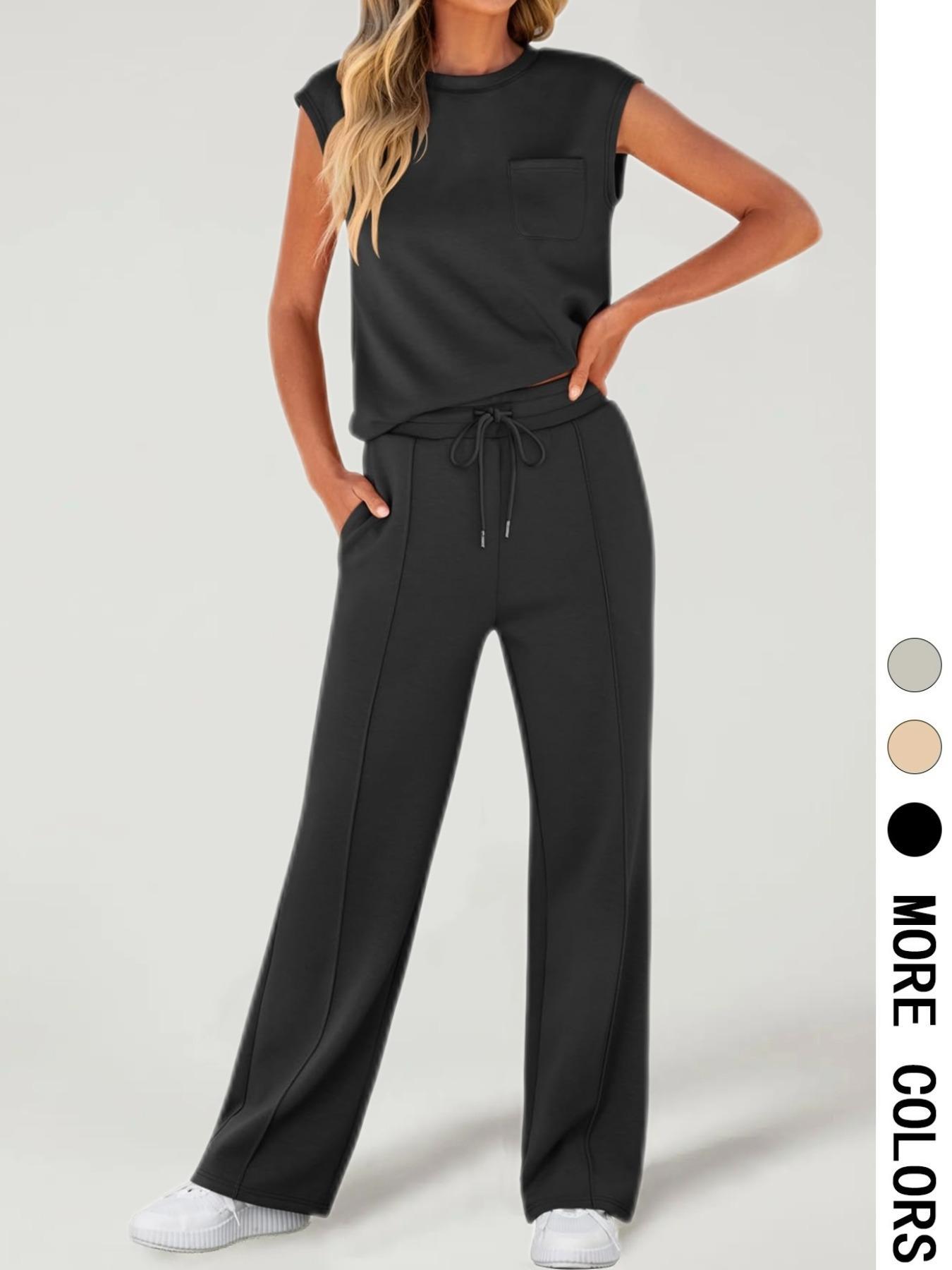 Women's Solid Fitted Tank Top with Pockets & Drawstring Waist Pants Two-piece Set, Casual Sleeveless Round Neck Top & Trousers for Daily Wear, Ladies Two-piece Outfits for All Seasons, Clothes, Womenswear Women's Solid Fitted Tank Top with Pockets & Drawstring Waist Pants Two-piece Set, Casual Sleeveless Round Neck Top & Trousers for Daily Wear, Ladies Two-piece Outfits for All Seasons, Clothes, Womenswear