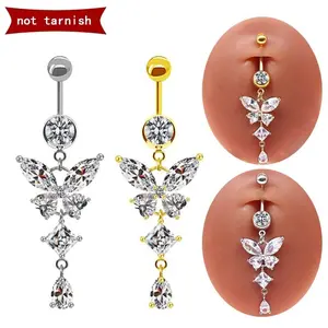 Bogadion Women's Non-Tarnish Dual-Color Silver-Gold Butterfly Layer Crystal CZ Dangle Belly Ring, Curved Bar Navel Piercing Statement Body Jewelry