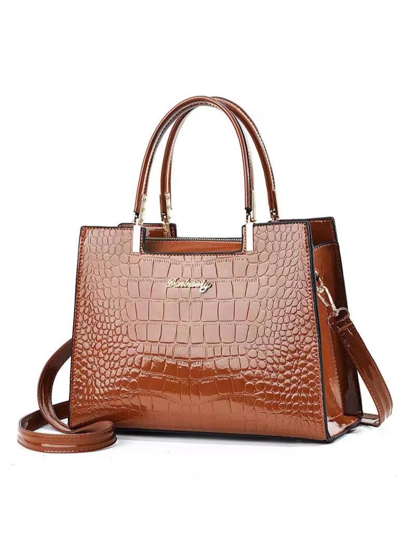 Women's PU Crocodile Embossed Square Handbag As Gift, Fashion Letter Label Classic Tote Bag for Work & Office, Elegant Matching Crossbody Bag As Gift for Wife