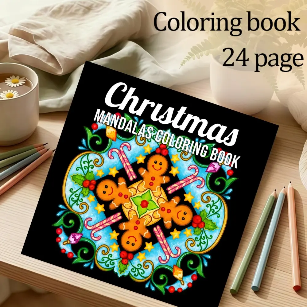 Christmas Mandala Coloring Book, 24 Thick Pages, Non-Transfer Design, Adult Meditation, Teen Relaxation, Ideal Gift for New Year, Christmas, Back-To-School, Party