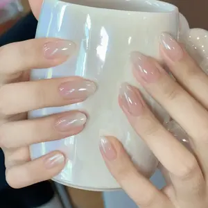 Press On Nails 24PCS Almond Nude Glossy Sheer Fake Nails Acrylic Nails Clean Girl Minimalist Design Reusable Acrylic False Nails for Daily Wedding Party Occasion 1 Jelly Glue & 1 Nail File