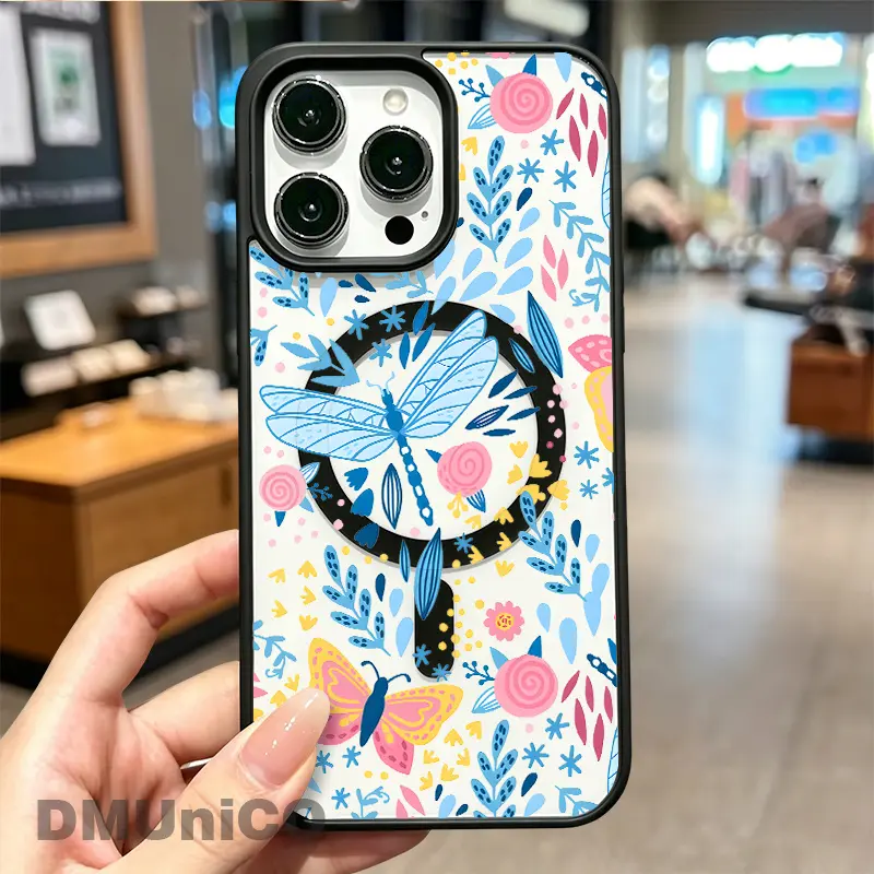 Phone Case - Butterfly Dragonfly Floral, Transparent Acrylic Magnetic Printed Phone Case, Macaron Style for iPhone 17 E Air Pro ProMax iPhone16 15 14 Plus 13 12 11 X XS XR