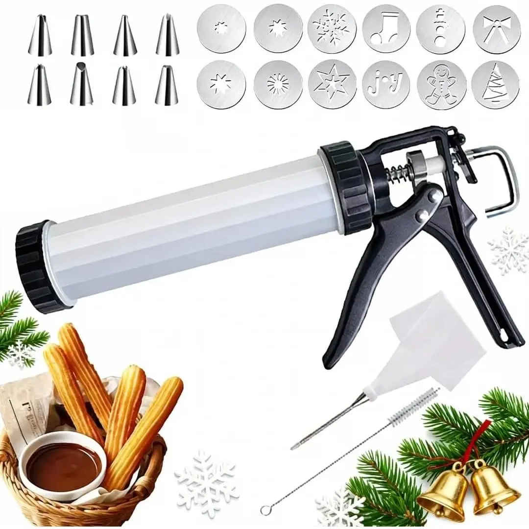 3 in 1 Large Size Spritz Cookie Press Gun Set, Cookie Maker Baking Kit with 8 Christmas Cookie Discs, 4 Churros Discs, 8 Piping Tips, Easy Clean Cookie Decorating Tool for Christmas Party