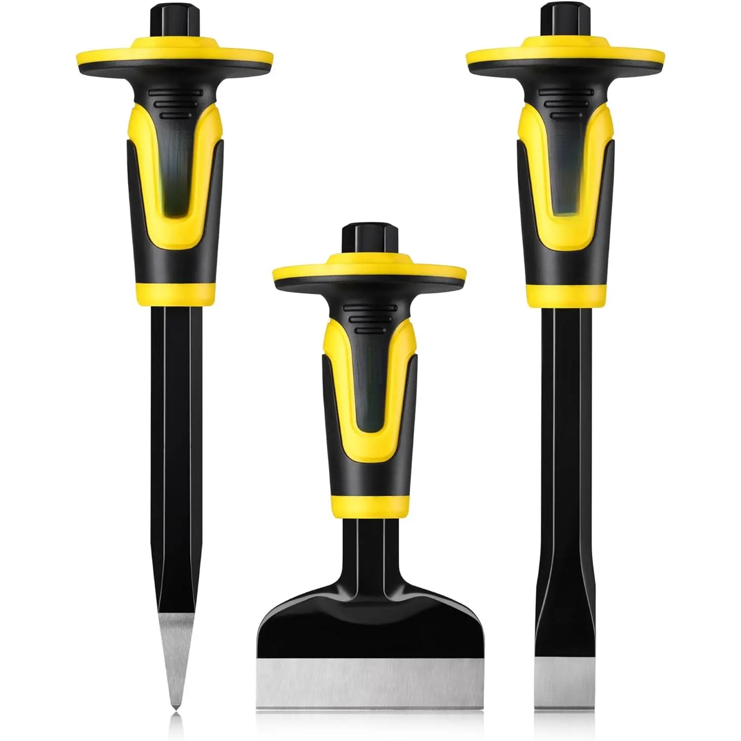 Rock Chisel Set, 3-piece set of mason chisels with hand guards, heavy-duty pointed and flat chisels for breaking, dismantling, carving, splitting, and cutting concrete, stone, bricks, rocks, tiles, and mortar, etc., mason tools