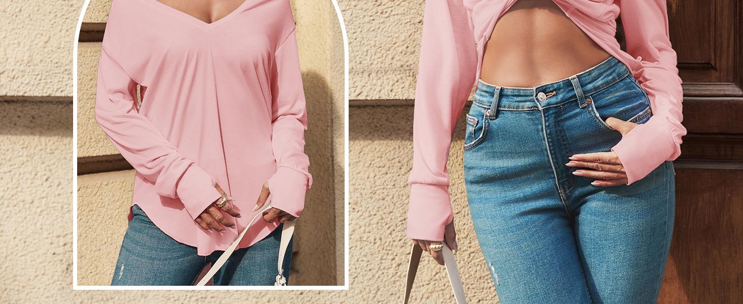 Imily Bela Womens Deep V Neck Tunic Tops Long Sleeve Oversized Casual Loose Fit Curved Hem T Shirts