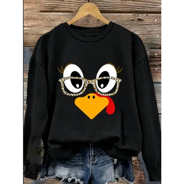 Women's Crewneck Thanksgiving Funny Turkey Graphic Print Pullover Sweatshirt - Casual Fall Holiday Party Top, Crewneck Sweatshirt