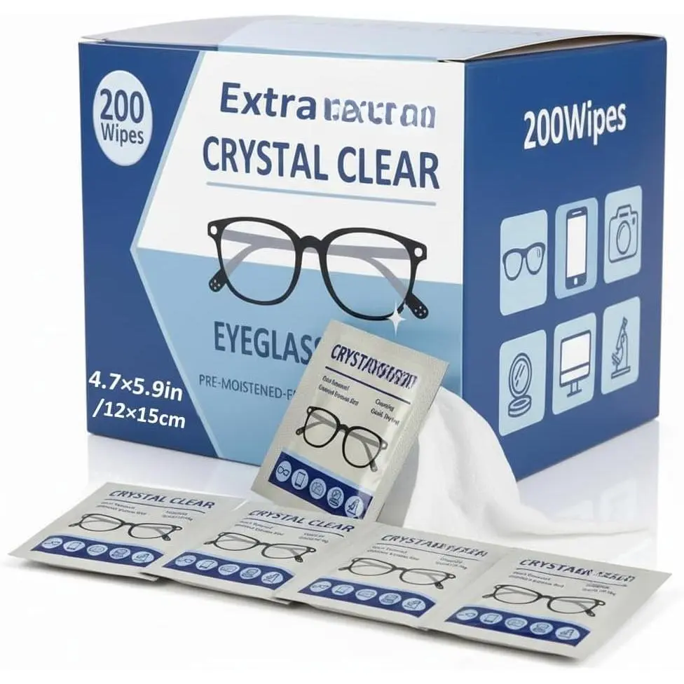Eyeglass Wipes - 200 Count Bulk Pack - Large Size (4.72" x 5.9") -   Scent - Pre-Moistened Lens Cleaning Wipes for Glasses, Sunglasses, Cameras & Screens - Streak-Free