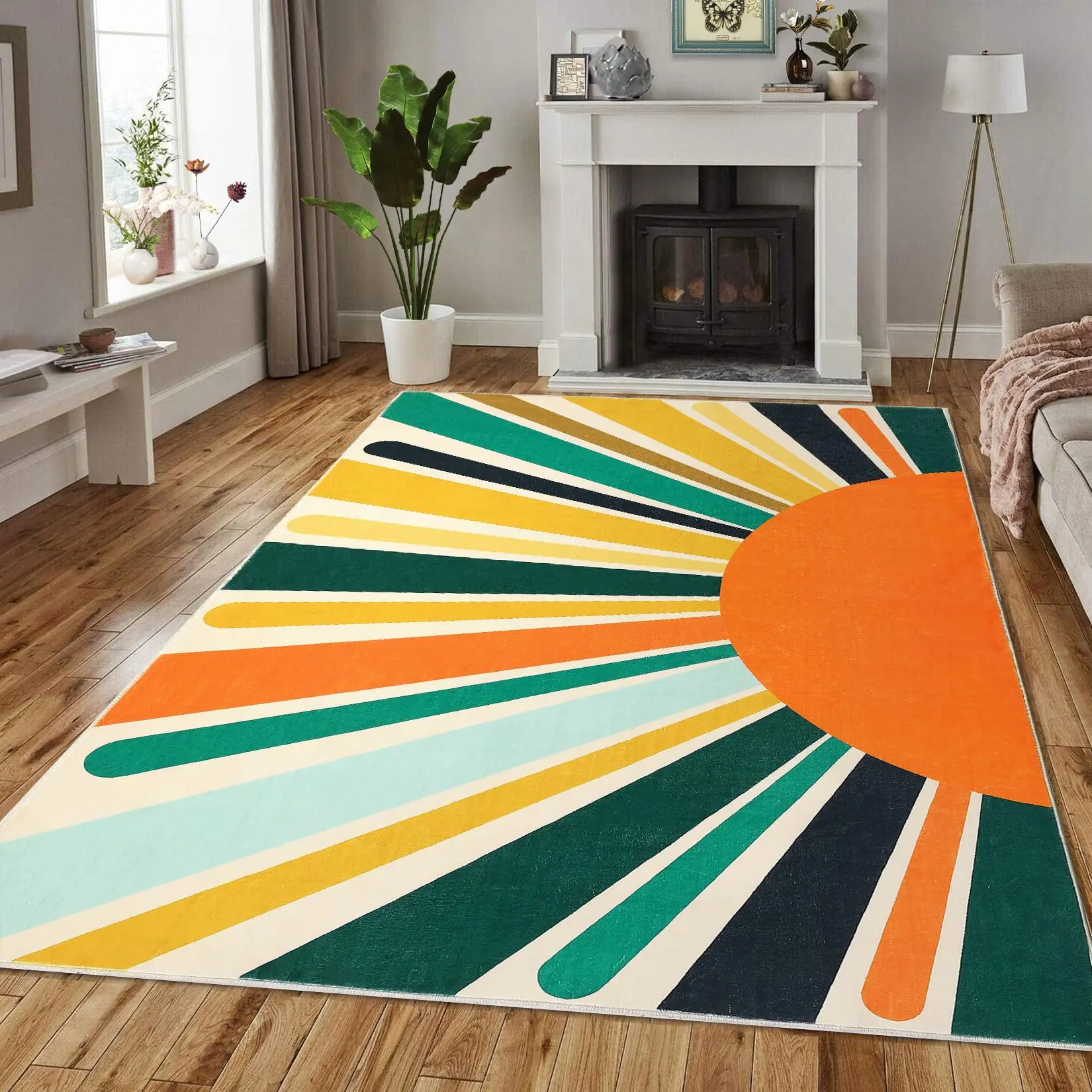 Mid-Century Modern Rainbow Sun Runners – Washable, Non-Slip, Low-Pile Runner Rug, Colorful Red Abstract Sun Design, Mark Resistant Carpet for Hallway, Kitchen, Entryway, Bathroom