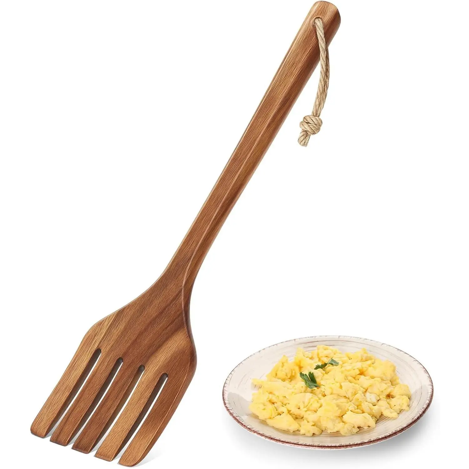 13 Inches Acacia Wooden Five Tines Long Handle Fork for Cooking Baking Salad Pasta Grill Kitchen Utensils for Home Restaurant