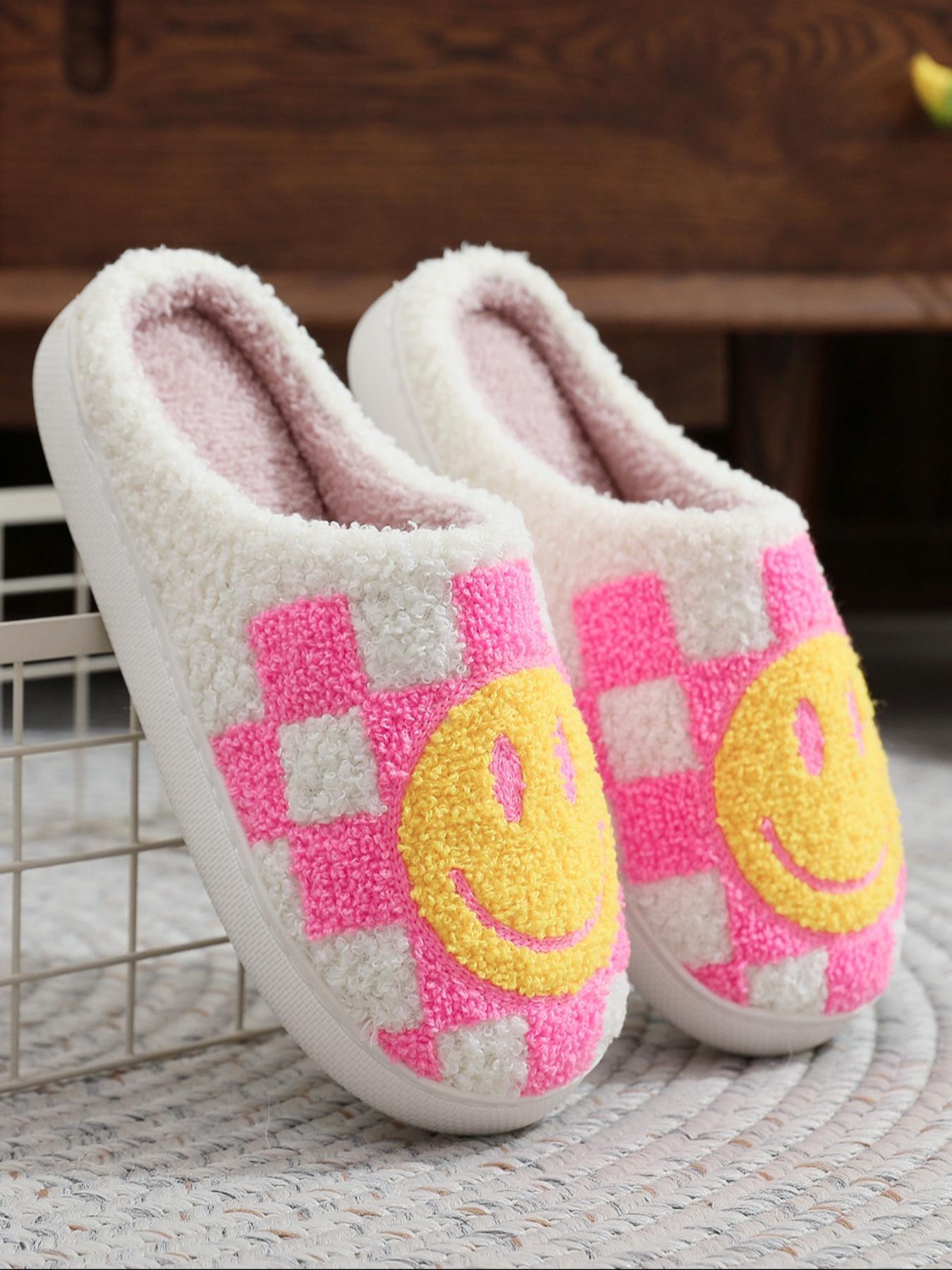 Colorblock Plaid & Smile Face Pattern Plush Slippers, Fashionable Home Slippers for Indoor Outdoor Wear, Fluffy Fall & Winter House Shoes for Women, Unique Gifts for Women, Footwear