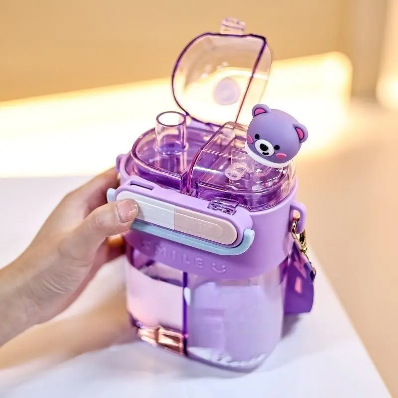2026 Cartoon Special Straw Cup, Large Capacity Water Bottle, High-Temperature Resistant, Double Cup, Crossbody, Anti-Drop