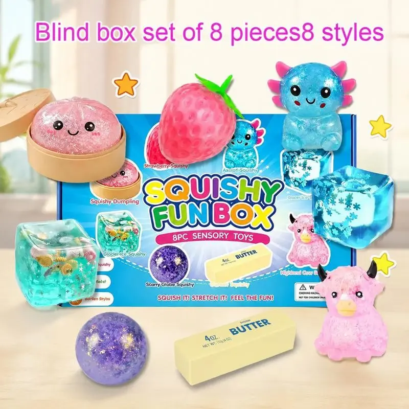 8-Piece Slow Rising Squishy Toy Blind Box Bundle, Mystery Lucky Surprise Box Set, Soft PU Stress Relief Squeeze Balls Fidget Sensory Toys, Anti-Anxiety Desk Toy, Classroom Prize Birthday Party Favor Gift for Kids Teens Adults