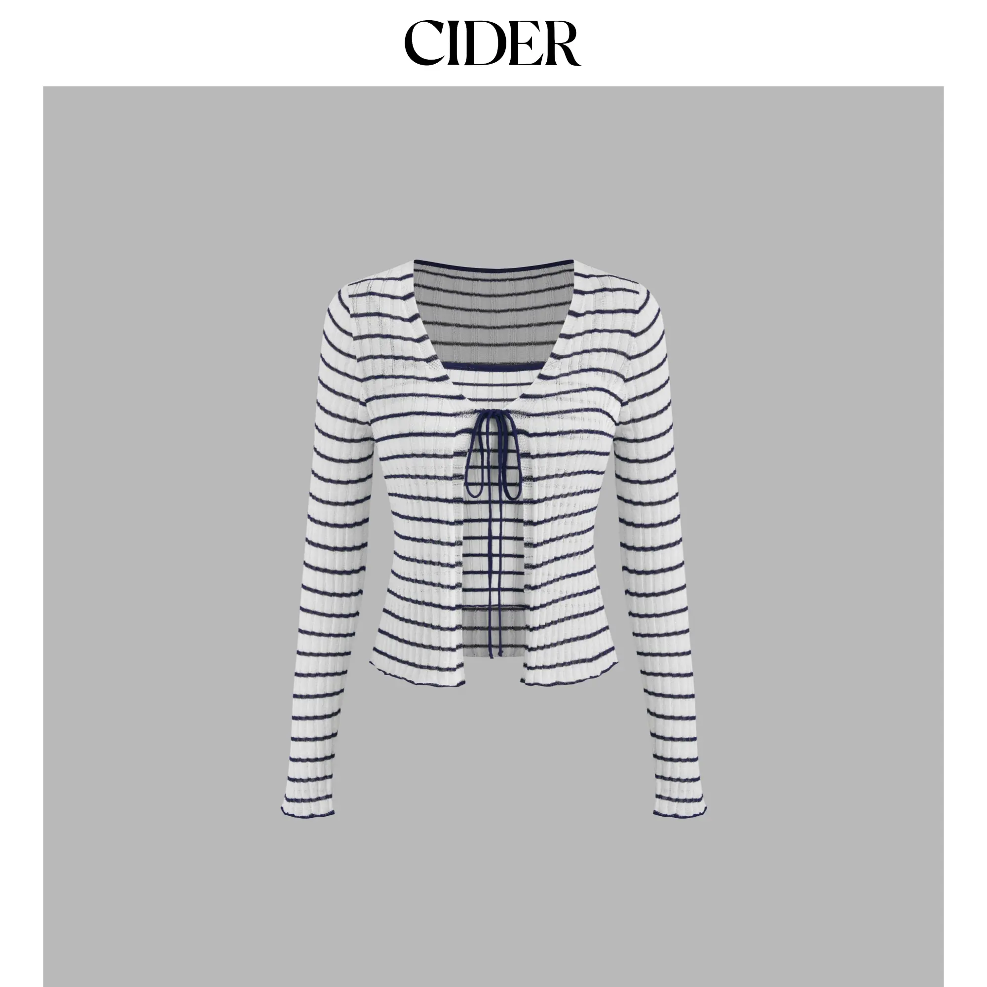 Cider [size 2-26] Knit V-neck Striped Knotted Long Sleeve Top With Knit Striped Crop Cami Top