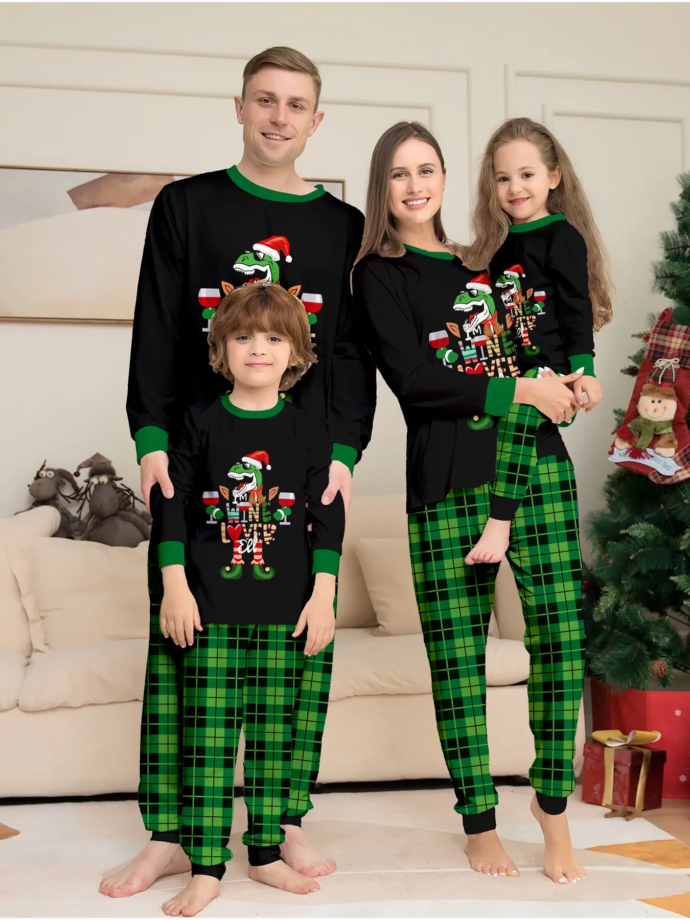 Family Matching Christmas Pajamas Set for 4, Santa & Tree Print Two-piece Loungewear with Red Trim, Soft Breathable Knit, Perfect for Xmas Photos, Party & Daily Sleep