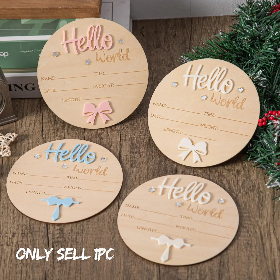 Wooden Hello World Milestone Birth Announcement Sign, Bow Tie Decorative Wooden Plaque, Perfect Baptism Party Gift, Thanksgiving Halloween Christmas Gifts, Desk Signage Decoration, Wooden Home Sign, Milestone Signs