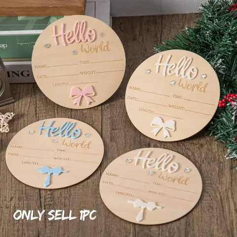 Wooden Hello World Milestone Birth Announcement Sign, Bow Tie Decorative Wooden Plaque, Perfect Baptism Party Gift, Thanksgiving Halloween Christmas Gifts, Desk Signage Decoration, Wooden Home Sign, Milestone Signs