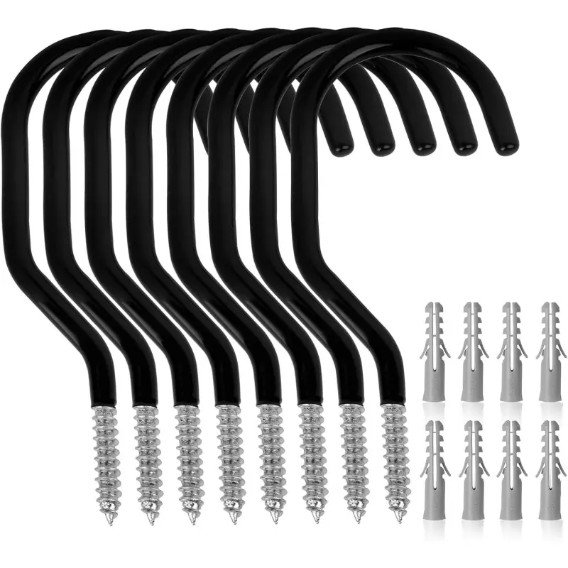 8 pieces (4 hooks +4 accessories), Includes hooks, suitable for sturdy bicycle hooks and arranging bicycles in the garage, used for installing screws on walls and ceilings, rust-proof multi-purpose hooks