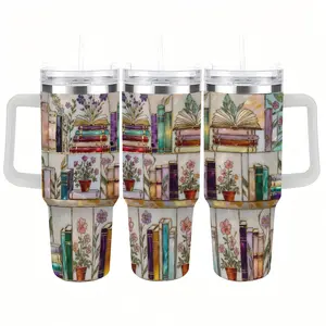 BookTok Book Lover 40oz Tumbler with Handle – Aesthetic Bookshelf Floral Insulated Travel Cup, Cozy Reading Cup for Teachers, Readers & Cottagecore Desk Gift