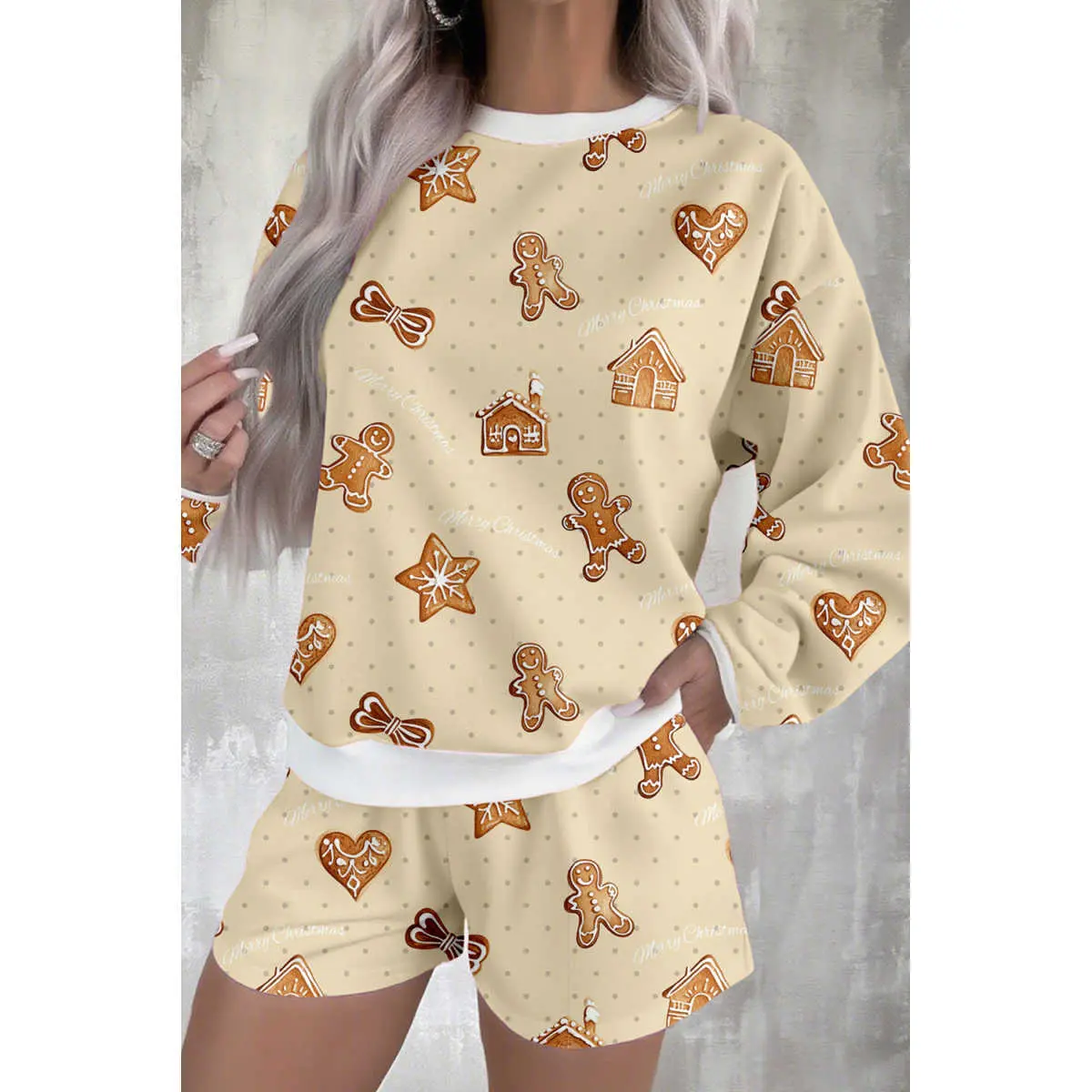 Beige Gingerbread Man Christmas Print Long Sleeve Pullover Lounge Short Set Fabric Loungewear