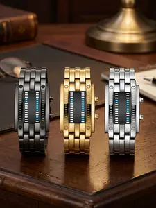 3-Pack Cyberpunk Binary LED Steel Band Electronic Watches, Three-Color Mech Business Style, Creative Men's Unique Digital Clocks