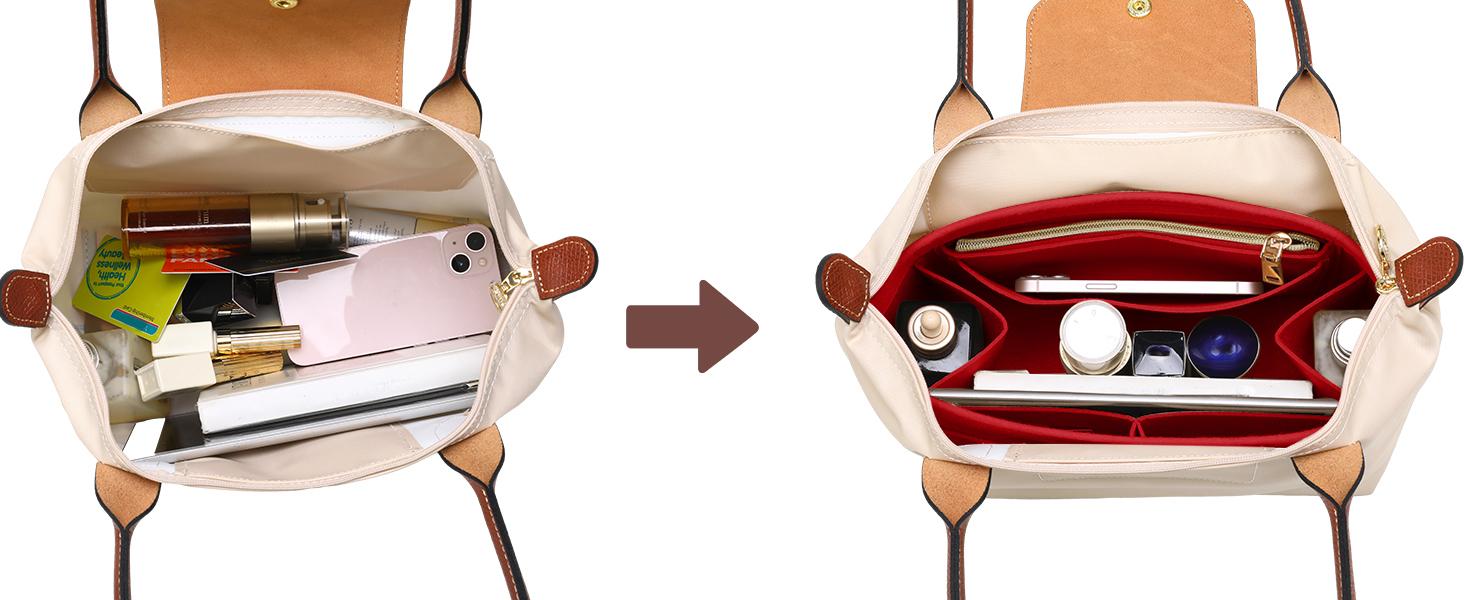 Purse Organizer Insert for Longchamp Le Pliage, Premium Felt Long Champ Bag Handbag Women, Tote Organizer Insert with 9 Compartments (Large, Pink)