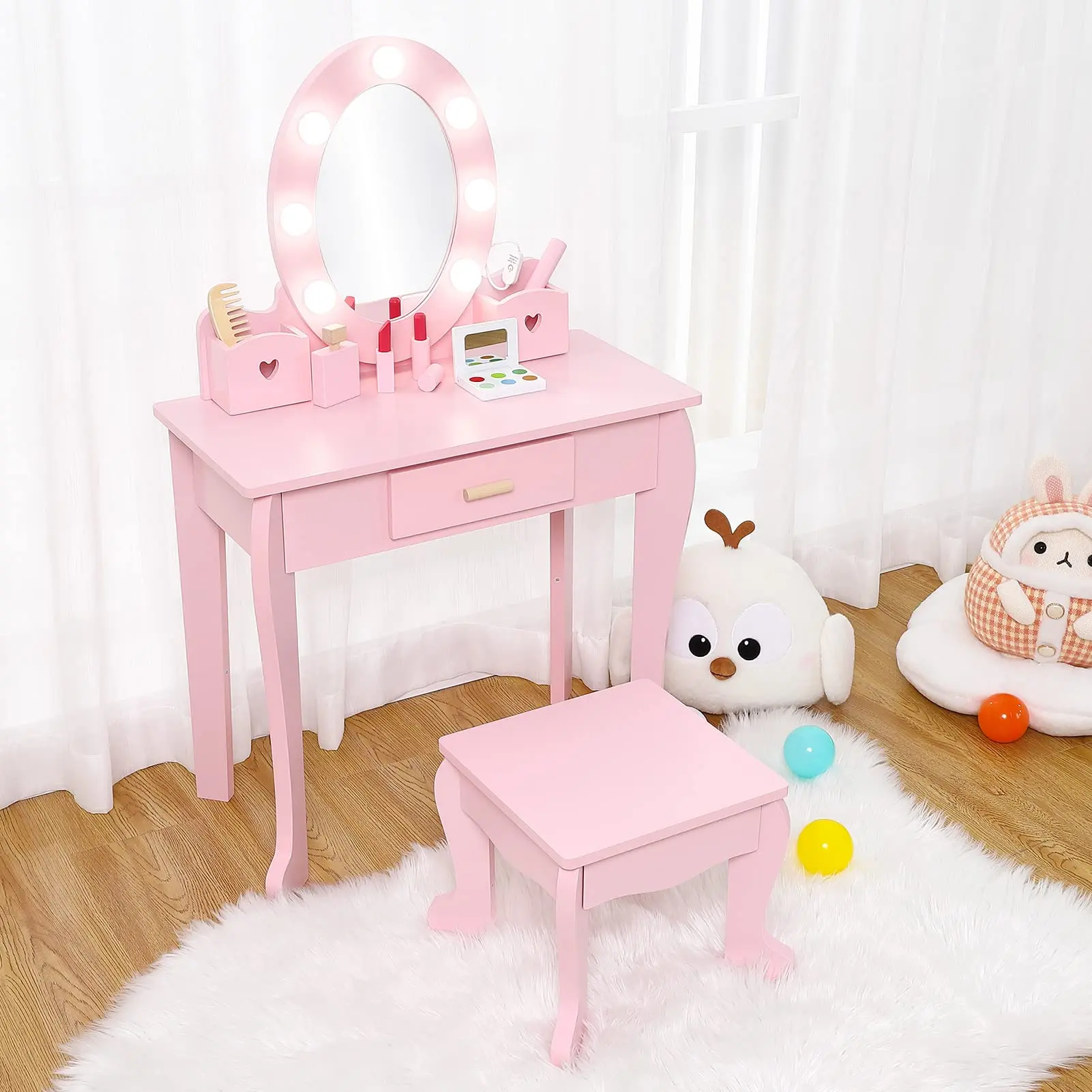 Garvee Children's Vanity Set with Illuminated Mirror, Wooden Stool, and Makeup Play Accessories for Imaginative Role Play