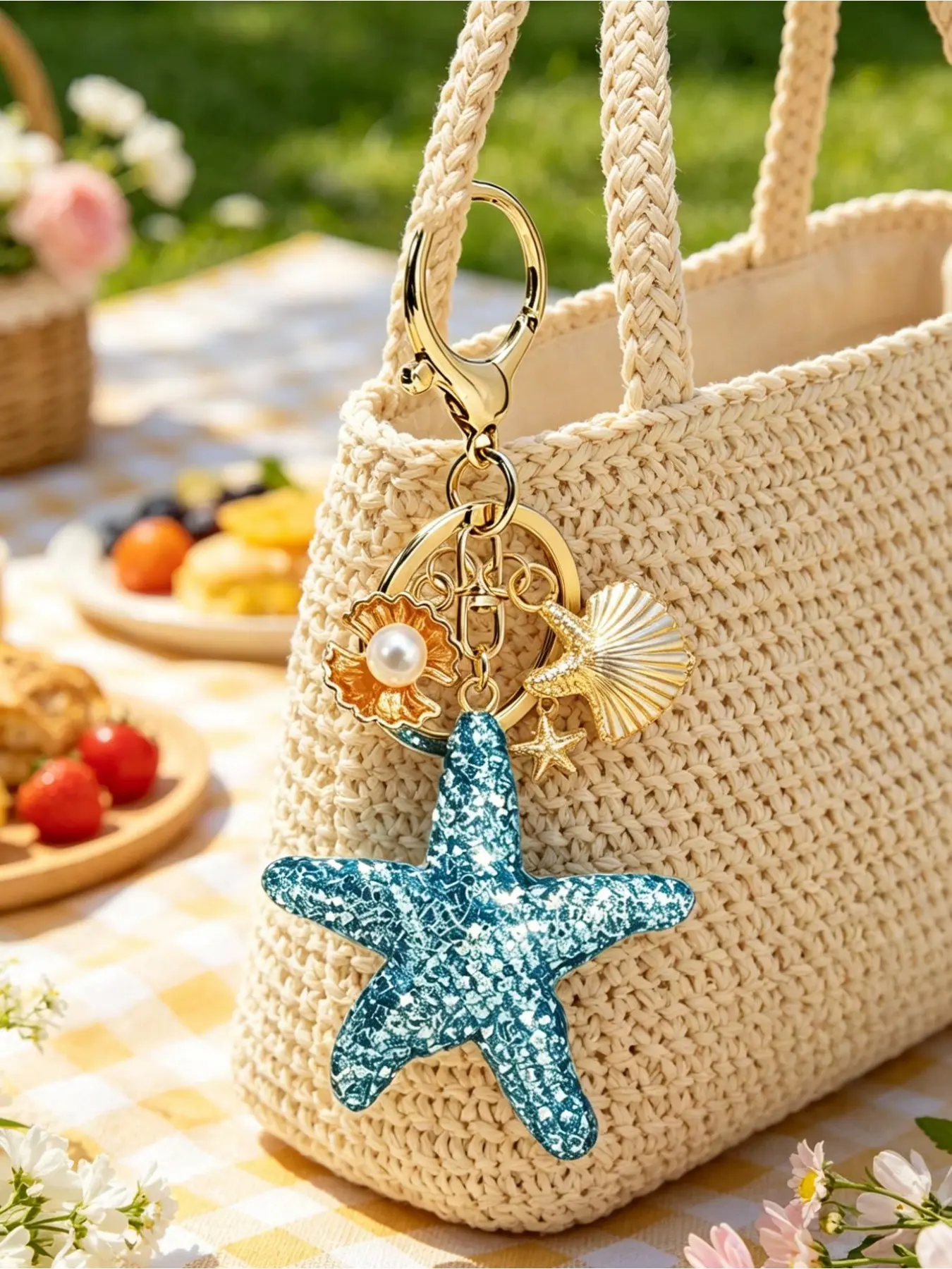 Blue Rhinestone Starfish Keychain, Pearl Shell Alloy Decor, Shiny Lady Keychain, Ocean Theme Pendant, Backpack Charm, Travel Accessory