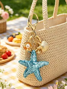 Blue Rhinestone Starfish Keychain, Pearl Shell Alloy Decor, Shiny Lady Keychain, Ocean Theme Pendant, Backpack Charm, Travel Accessory