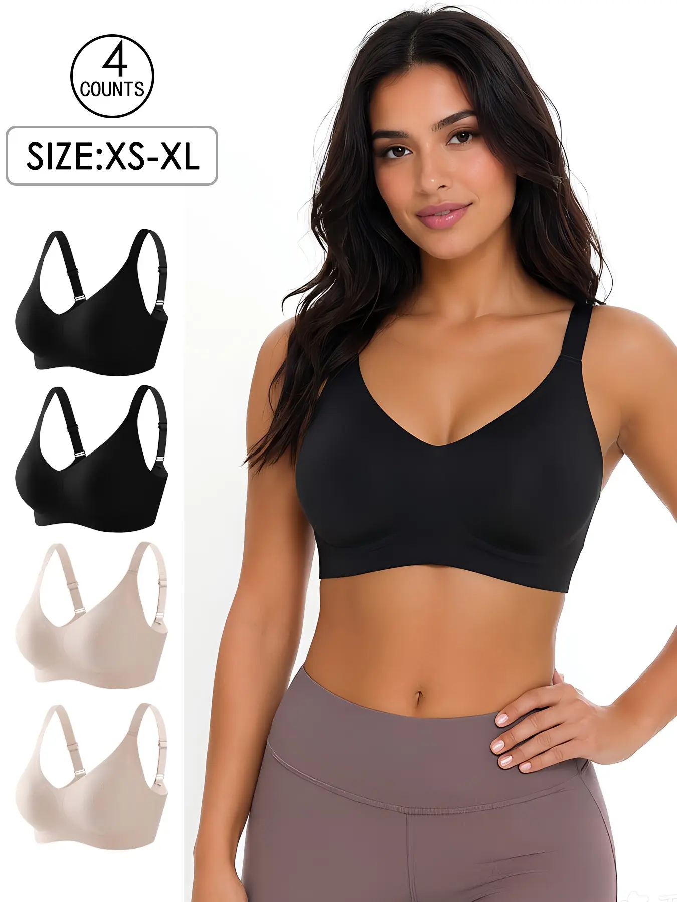 4 pack/12 colors High-quality seamless jelly bra for women, 4 rows 3 hooks, push-up and liftable adjustable sports tank top daily casual/party/yoga, comfortable breathable skin-friendly wireless bra for women