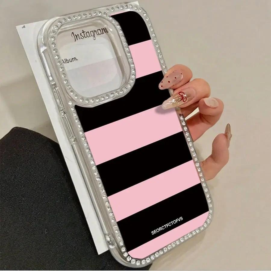 Pink And Black Striped Letters Pattern Double-Sided Diamond Transparent Mobile Phone Case Thin Light TPE Material For iPhone 17 Pro Air 16 15 14 13 12 11 Pro Max Plus Air 16e Christmas Valentine's Day Gifts
