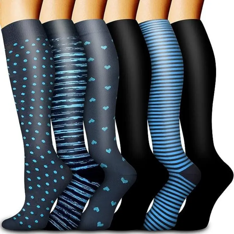6 Pairs Heart Dot Striped Pattern Compression Socks, Trendy Novelty Stylish with Moisture Wicking for Daily Casual Outfit Matching