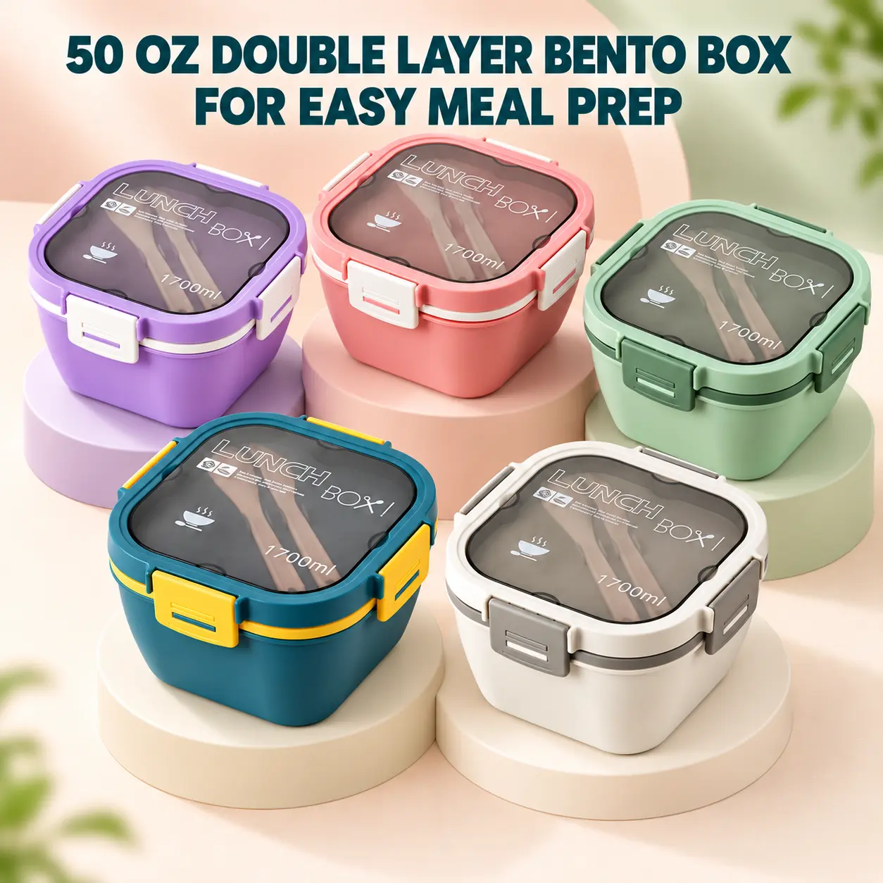 MIUVA 50oz Double Layer ABS Plastic Bento Box for Adults, with Large Salad Bowl, 4-Compartment Tray, 3oz Sauce Container, Reusable Fork & Spoon, Ideal for Work/Travel & Meal Prep