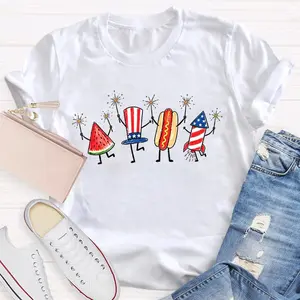 Women's Patriotic Doodle, Cute Fourth of July Shirt, Watermelon Hotdog Firework Shirt, Retro American Shirt, Funny Sumer 250th Shirt
