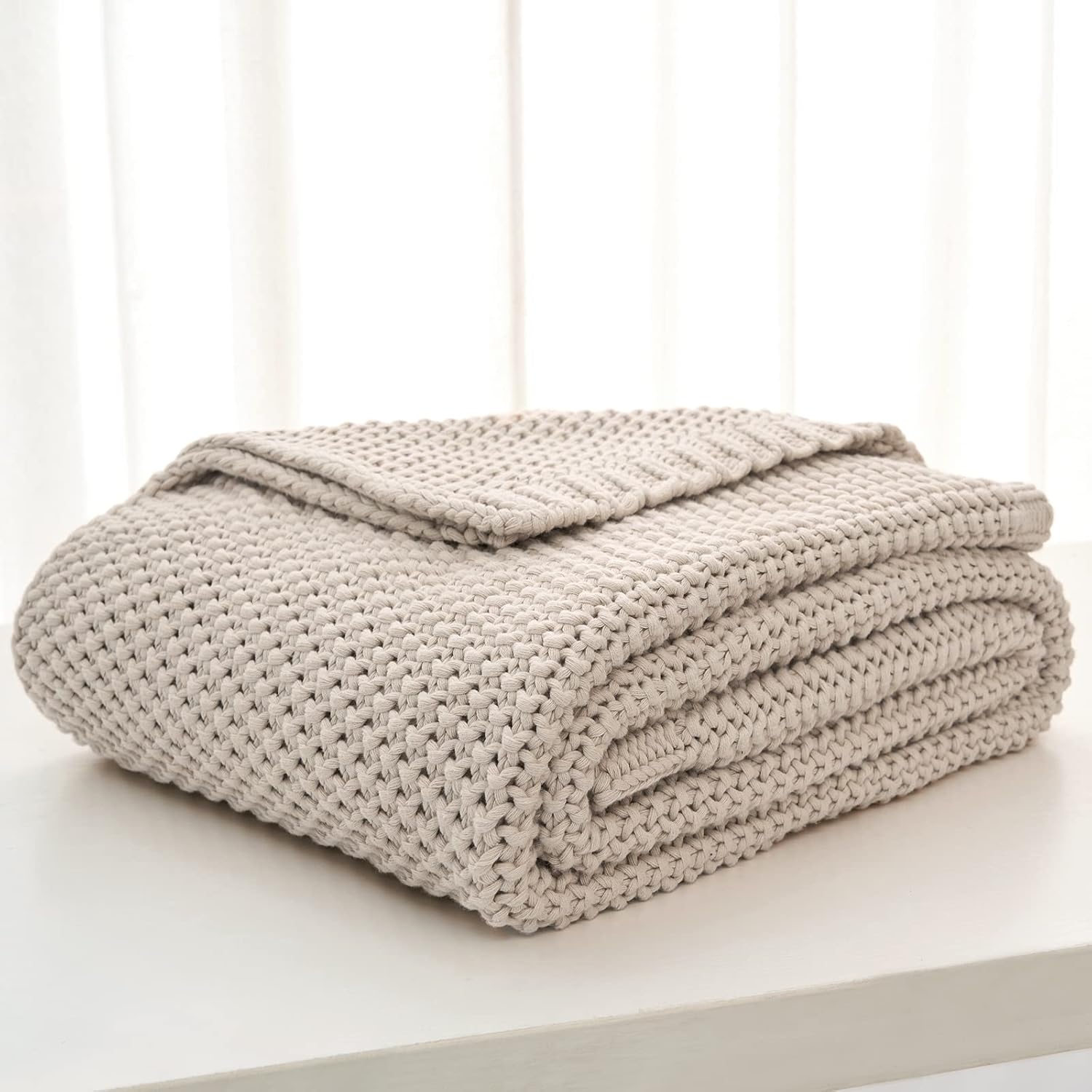 Chunky  Knit Throw Blanket Lightweight Beige   Cotton Blanket for Sofa Couch Bed  , Rustic Shabby Chic Modern Farmhouse, 51" x 63" Give  Bag