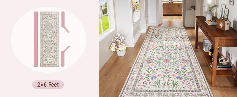 Amearea 8x10 Area Faux Cashmere Rugs for Living Room, Washable Area Rugs 8 x 10 Pink Floral Rug, Vintage Low Pile Cute Room Print Carpet, Non Slip Office Nursery Bedroom Dining Room Farmhouse Decor