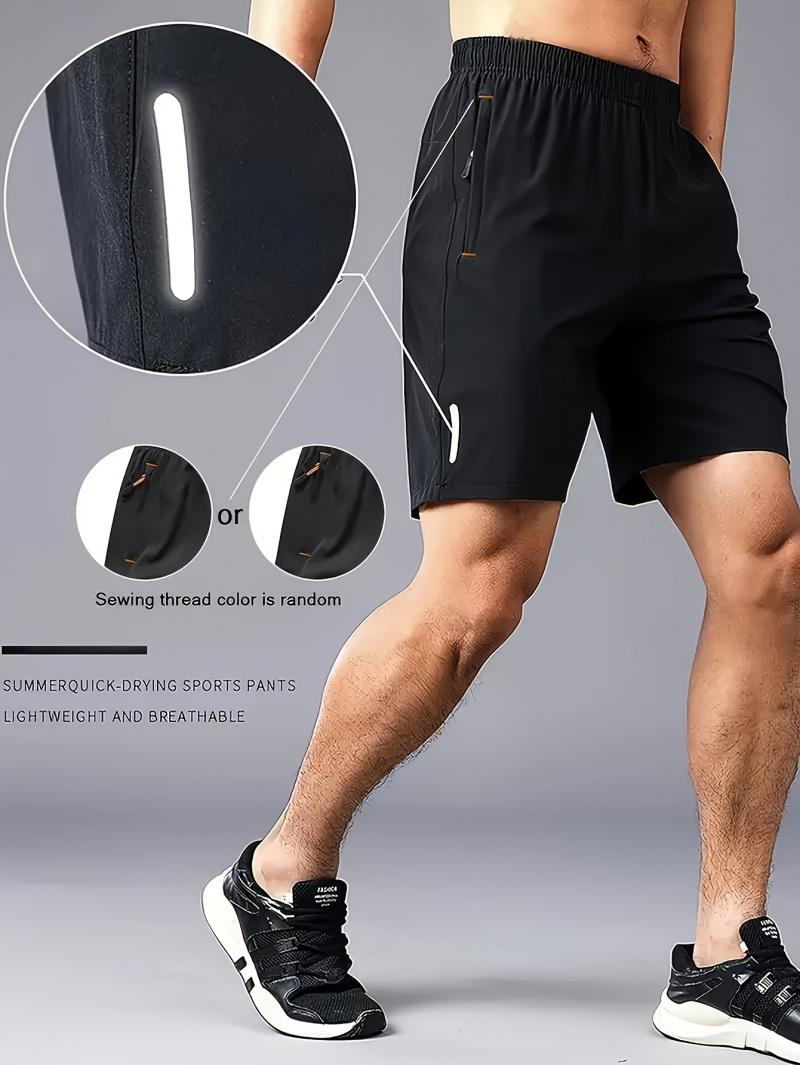Men's 3-Pack Athletic Casual Sports Shorts, Male Gym-Preferred Solid Color, Breathable Quick-Dry, with Zipper Pockets, Waist Drawstring, Reflective Strip for Outdoor Activities, Fitness Training